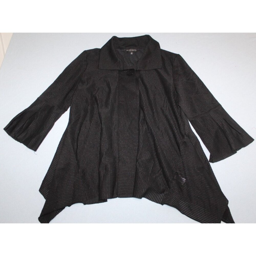 Ming Wang Womens Black Ribbed Sheer One Button 3/4 Bell Sleeve Cardigan Top L